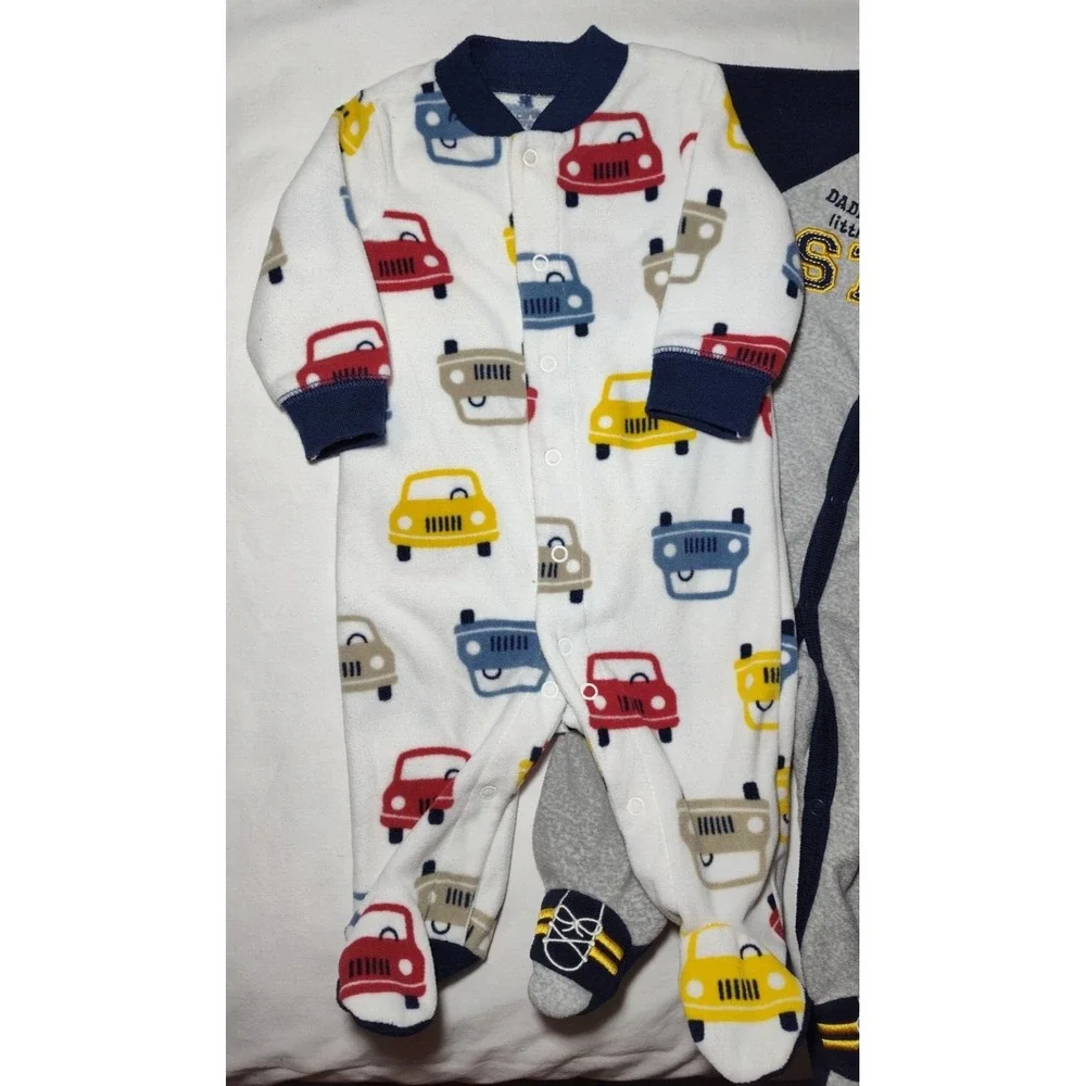 3 Carter's Fleece 3 Mos Footed Sleeper Lot‎ Daddy's All Star Monkey Car Bear Boy